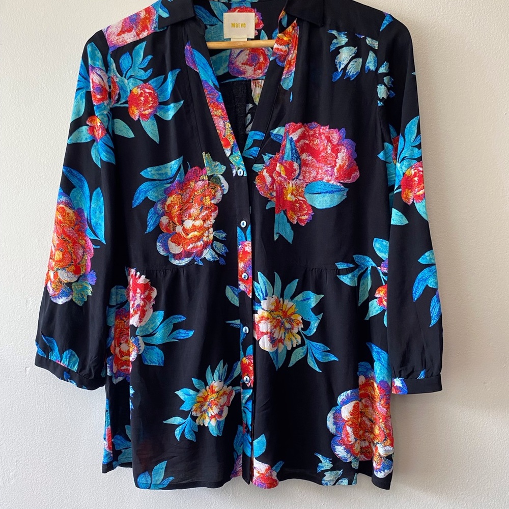 Maeve Anthropologie Black Floral Button Front Blouse Size 10
